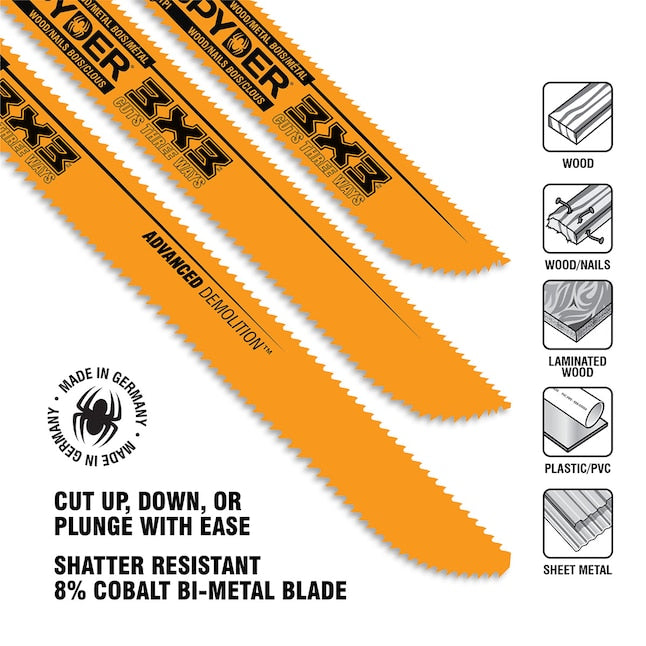 Spyder 3X3 Double-Sided Bi-metal 8-in 8/12 Tpi Demolition Reciprocating Saw Blade