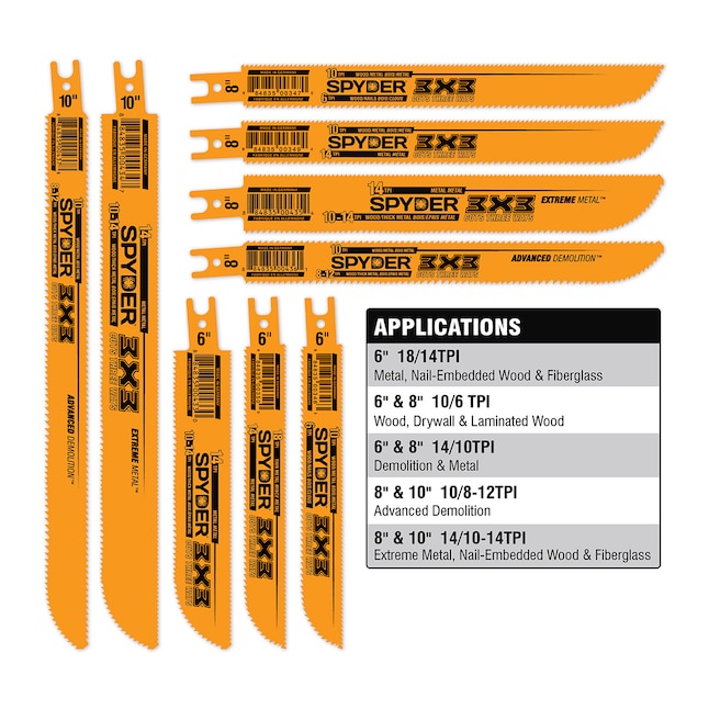 Spyder 3X3 Double-Sided Bi-metal 8-in 8/12 Tpi Demolition Reciprocating Saw Blade