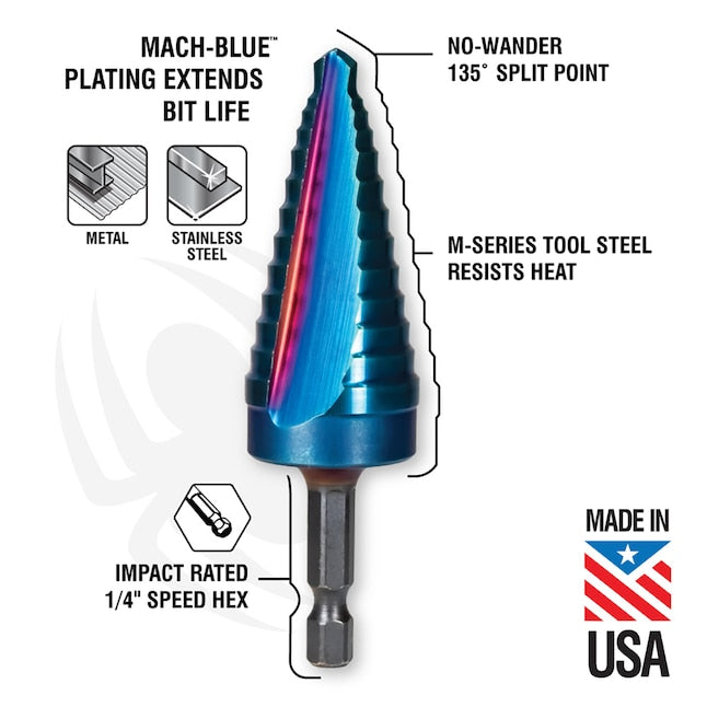 Spyder 13 Step Bit, Mach-Blue Hex Shank